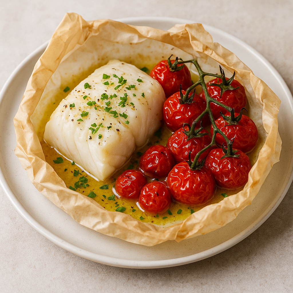 Papillote de dos de cabillaud et tomates cerises confites